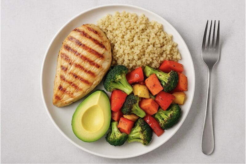 Balanced meal with chicken, quinoa, vegetables, and avocado for energy and weight loss in Tucson